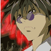Anime character with brown hair and purple sunglasses, wearing white shirt, against red and black background, with subtle facial expression changes across frames.
