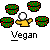 Pixel art shows four green balls with red dots and a yellow figure holding a white sphere on gray background, labeled 'Vegan' below.