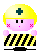 A 4-frame pixel art animation of a pink cartoon character wearing a yellow hard hat with a green cross, holding a black-and-yellow striped barrier in front of them against a gray background.