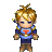 Pixelated character with blonde hair and blue eyes wears a blue tunic with red emblem, brown pants, and boots; four variations show changing eye expressions.