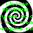 Four identical black-and-white spiral patterns with green text overlay reading 'i looooe PENGUINS they are so cty i love them! penguins ru' on each quadrant.