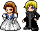 Pixel art characters in alternating poses with brown and blonde hair, wearing blue-and-white dresses or black coats against a gray background.