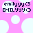 Pixelated text displays 'emilyyy<3' and 'EMILYYY<3' in black on white bubbles against a pink background with light blue circles.