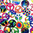 four distinct pixelated images: colorful peace signs, green sneakers, green circles, and pink-green circles
