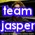 A pixelated image of a person with brown hair wearing dark clothing, overlaid with blue text reading 'team jasper' and partially visible yellow text below.