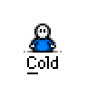 Animated contact sheet of a pixel art character in blue shirt with multiple poses and expressions, each labeled "Cold" below the figure.