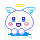 Pixelated angel icon with blue wings, yellow halo, pink cheeks, and blue base showing four distinct facial expressions.