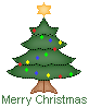 Four identical green Christmas trees with brown trunks, yellow stars on top, and colorful ornaments under 'Merry Christmas' text.