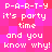 Pixelated text on a pink and red checkered background repeats 'P-A-R-T-Y it's party time and you know why!' in white block letters.