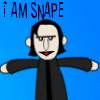 Animated cartoon character with black hair and red lips in a black robe, shown across six with changing text above and group interactions below