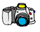 Four cartoon-style digital cameras arranged in a on a gray background, each with distinct button colors and lens details