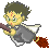 Pixelated character with brown hair, green eyes, and red mark on forehead rides broomstick; left side shows dark smoke trail, right side shows bright red flame trail.