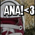 Pixelated image with bold white text 'ANA!' and '<3' on a background featuring a figure in red and gray tones.