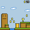 Pixel art scene shows a yellow character with one eye on a platform, brown structures, floating coins, and blue clouds against light blue background.