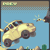 Pixel art image of a light yellow car with dark brown accents flying through the air against a blue background, with 'PREV' text in green at top left.