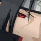 Anime character face with red eyes and dark hair, wearing a headband, in four showing eye movement