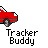 A 12-frame animated contact sheet showing a red cartoon car with white interior and black accents moving across a gray background, each frame labeled "Tracker Buddy" below it.