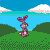 Pixelated animation of pink rabbits on green hills under blue sky, throwing red hearts and forming heart piles.