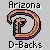 Pixel art animation of a baseball player in purple uniform swinging a bat on a green field with orange background, featuring 'Arizona D-Backs' text and 'The Winning Play...' banner.