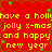 Red background with yellow text reading 'have a holly jolly x-mas and happy new year' repeated in four quadrants, green star-like shapes scattered across the image.