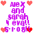 Pixelated text and heart symbols arranged in a pattern with alternating red and pink hearts surrounding purple text reading "Alex and sarah 4 eva!! 5-1-08" on white background