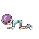 Animated sequence of a cartoon character with purple hair performing alternating leg lifts while on all fours, wearing light blue top and teal shorts.