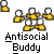Pixelated icon set shows six yellow figures with white circular heads against gray background, below text reading "Antisocial Buddy" in blocky font.
