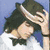Animated sequence of a person with long dark hair in white shirt and black bow tie, showing hat removal, head tilt, and facial expressions against blue background.