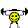 Yellow pixelated smiley face character lifting black barbell with both hands above head, standing on gray background.