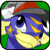 Pixelated cartoon character with blue face, yellow mouth, black eyes, and red-and-gray hat against green background.