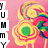 Pixelated lollipops with green centers and rainbow swirls on a pink background, partially obscured by vertical text.
