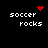 Four pixelated 'soccer rocks' text displays with red heart and dot animations on black background.