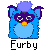 Pixelated blue creature with purple mask and orange beak, labeled 'Furby' on left and 'Buddy' on right against gray background.
