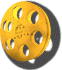Yellow film reel icon with multiple circular cutouts, dark gray shadow on light gray background.