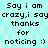 Pixelated cyan background with white hexagonal patterns and repeated black text reading "Say i am crazy,i say thanks for noticing :)" in two