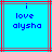 Two identical pixelated blue squares with red and gray borders display 'i love alysha' text in dark blue.