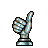 Pixel art of a hand giving a thumbs-up gesture on a gray background, rendered in a limited color palette with blue, brown, white, and black pixels.