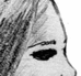 Black-and-white pixelated profile of a person with short hair, showing two sequential facial expressions with a long nose in the second frame.