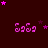 A dark red background with pink star shapes scattered across it, and four of repeating pink pixelated text characters