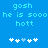Blue background with pixelated text and star symbols; two identical side-by-side layouts showing 'gosh he is sooo hott' above five stars.