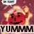Pixelated red character with yellow hair and a speech bubble above its head, smiling with text 'YUMMM' below.