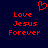 Red pixelated text and heart symbol on dark blue background, with 'Love Jesus Forever' repeated twice.