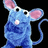 Pixelated blue mouse with pink inner ears, black eyes, and a white nose against a solid black background.