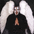 Animated contact sheet showing three frames of a character with white face paint, black robe, and large white wings in prayer pose with mouth open to reveal sharp teeth.