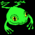 Green pixelated frog with one large eye and yellow iris on black background, next to green text reading Original Icons .com on dark green gradient.