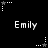 Black background with white pixelated text "Emily" repeated six times and star-shaped icons in various positions. Animated stars alternate between solid and dotted outlines.