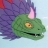 Green dragon head with yellow eye, pink horn, purple mane, and black mouth against light blue background.