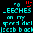 Pixelated cyan text on black background with red heart symbol above 'no LEECHES' phrase, repeated across two