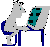 Pixelated cartoon figures sit at desks with easels displaying colored patterns, each figure has a distinct eye color and the easel colors change across frames.
