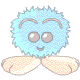 A light blue fuzzy cartoon character with brown eyebrows, gray eyes, and a small smile appears in five showing gradual fading of its lower body
